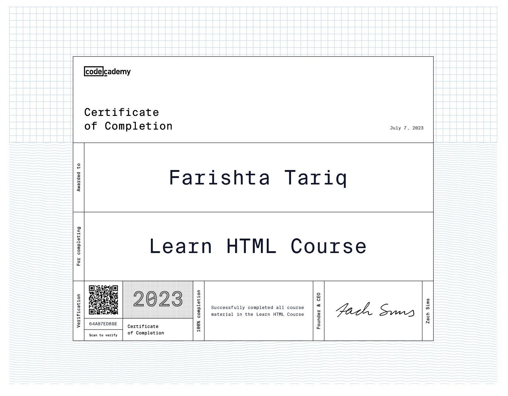 Codeacademy HTML certificate