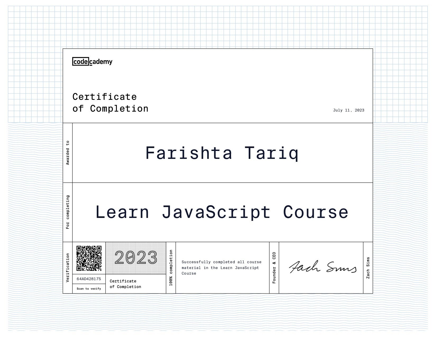 Codeacademy JavaScript certificate